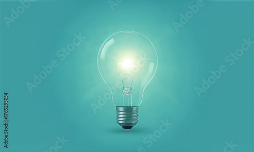 Light bulb glowing brightly against teal background, minimalist design, isolated