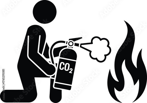 CO₂ fire extinguisher icon, safety illustration, emergency response graphic, fire suppression vector, kneeling person silhouette, black and white design, firefighting equipment symbol