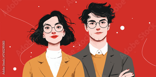 Stylish young couple wearing glasses and professional attire against a vibrant red backdrop.