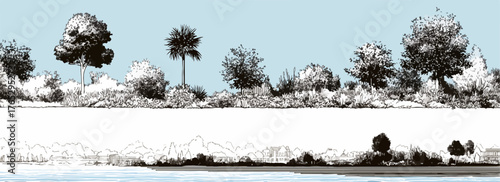 A serene natural landscape illustration featuring diverse trees and foliage along a tranquil body of water.