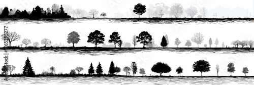 Collection of diverse tree silhouettes in a horizontal panoramic vector illustration format.