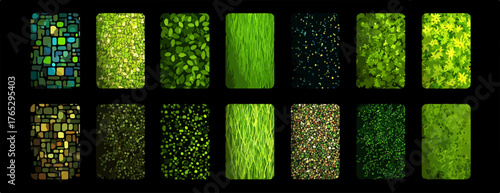 Collection of twelve diverse green textured backgrounds presented in a grid format