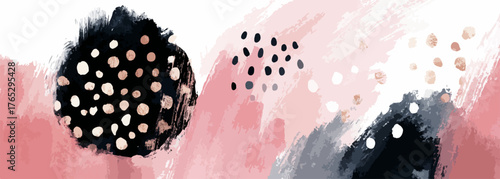 Abstract watercolor brush strokes with scattered dots and metallic accents create a modern artistic background.