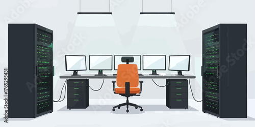 Modern server room with orange chair, minimalist tech workspace, flat design