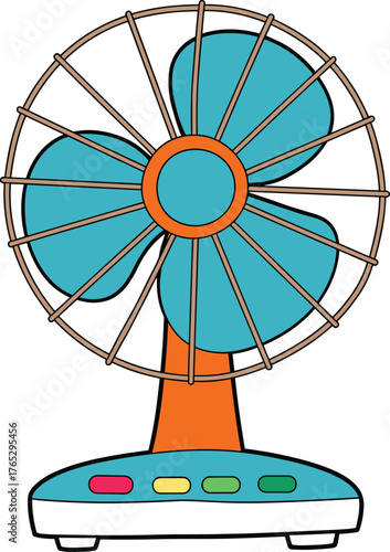Electric fan illustration, cartoon household appliance, blue blade and orange stand, colorful cooling device icon, speed button vector, summer airflow graphic