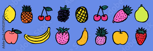 A vibrant collection of hand-drawn fruits presented in a colorful and playful vector illustration.