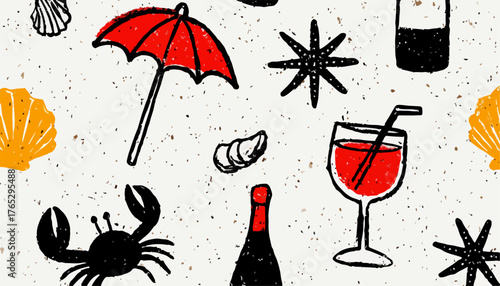 Whimsical hand-drawn vector pattern featuring beach and summer vacation elements with a retro feel.