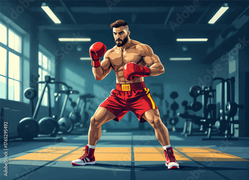 Muscular boxer in red gloves and shorts, gym training pose, vibrant cartoon style