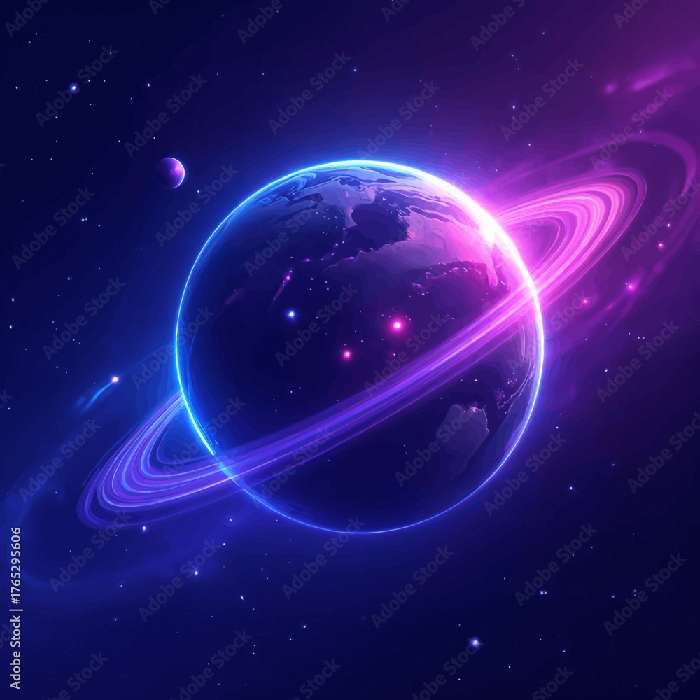 Fototapeta premium Neon planet with glowing rings, cosmic space background, futuristic sci-fi art