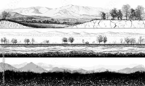 Cross-section illustrating diverse geological layers and natural landscapes with trees and mountains.