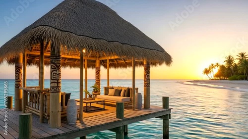 Tranquil beachside gazebo at sunset, with palm trees and calm waters creating a serene atmosphere