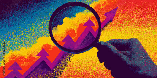 Magnifying glass reveals upward trending graph with colorful abstract background, symbolizing growth.