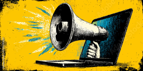 Digital announcement from a laptop screen with a hand holding a megaphone emitting sound waves.