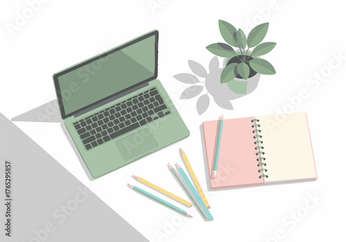 An isometric illustration of a laptop, notepad, pencils, and potted plant, creating a workspace scene.