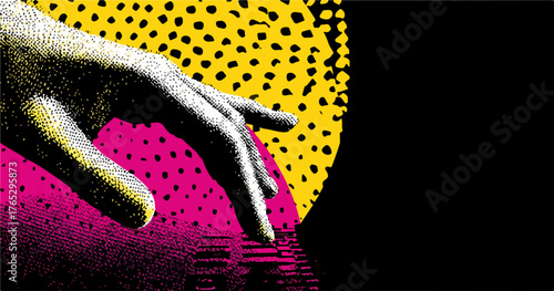 Abstract graphic illustration of a hand emerging from a vibrant, textured background with a dotted pattern.