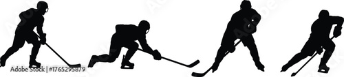 Ice hockey silhouettes, dynamic player poses, black athlete icons, skating and shooting actions, puck control vector, winter sport illustration, hockey stick movement design