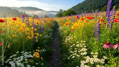 Vibrant wildflower field with a winding path, morning mist, and lush green hills in the background