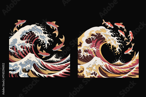 Two Japanese wave illustrations with koi fish swimming through cresting water ocean