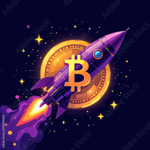 Purple rocket launching through space with Bitcoin coin symbol, vibrant cosmic background