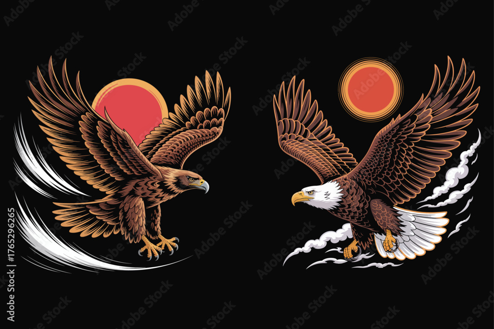 Obraz premium Two Eagles Flying with Red Sun and Smoke Against Black Background bird soaring