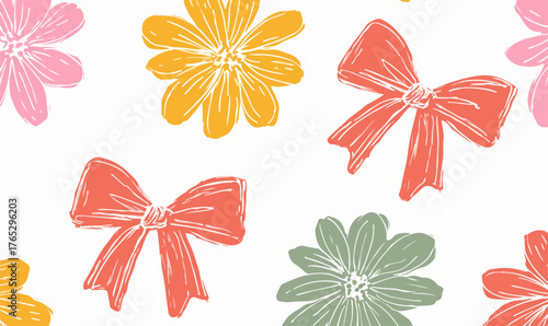 A charming hand-drawn vector pattern featuring colorful flowers and bows on a white background.