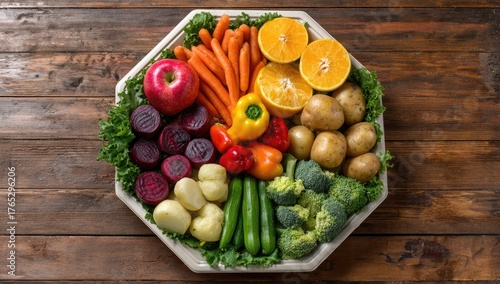 Colorful fruit, vegetables, and herbs on octagonal platter