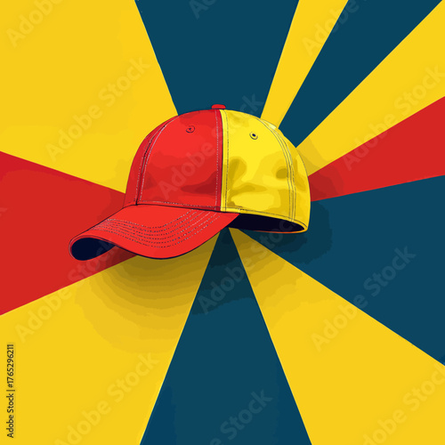 Red and yellow baseball cap on vibrant geometric background, minimalist design