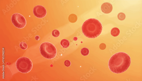 Red blood cells floating in bloodstream, vibrant medical illustration, isolated on gradient background