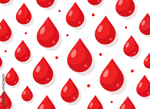 Red blood drop pattern, flat design, medical theme, isolated on white background