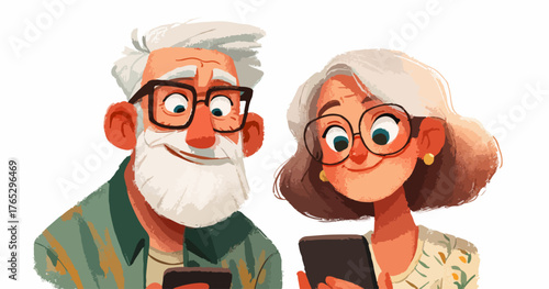 Joyful elderly couple wearing glasses smiles while looking at their smartphones together.