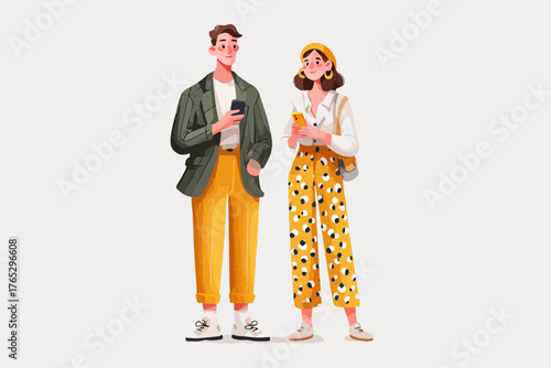 Stylish young couple in trendy casual outfits holding smartphones and looking at the screen.