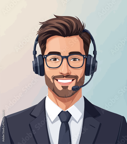 Smiling customer service agent with headset, professional business portrait, clean vector illustration