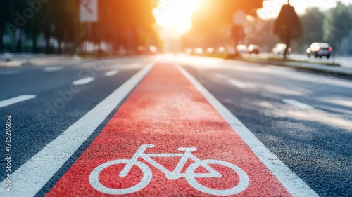 Bright sunset shining on a bicycle lane in a city street with warm glow and smooth pavement