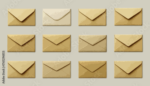 A collection of vintage kraft paper envelopes arranged in a grid, symbolizing communication.