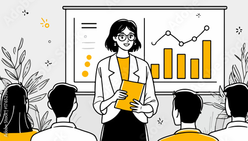 A confident woman presents a business growth chart to her attentive audience during a meeting.