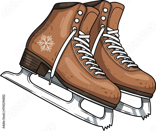 Pair of brown leather ice skates with white laces and snowflake design element