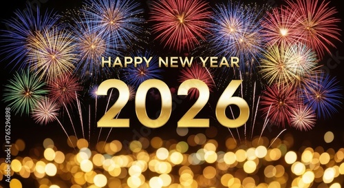 Spectacular 2026 happy new year fireworks display vibrant golden lights celebration