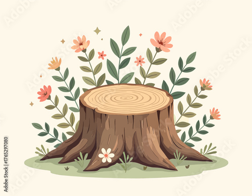 Tree stump with blooming flowers, cute nature illustration, flat design, isolated