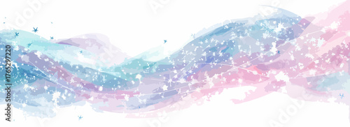 Soft pastel watercolor waves with shimmering glitter particles create a dreamy, ethereal background.