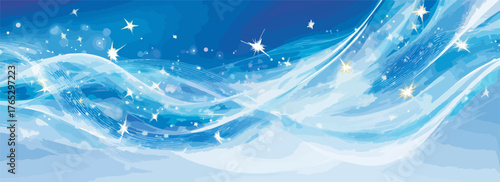 Abstract flowing blue waves with sparkling stars create a magical and ethereal background.