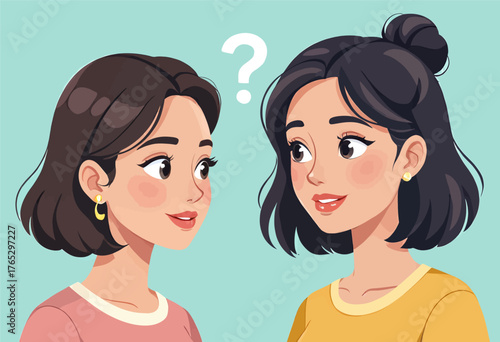 Two women conversing with question mark above head, cartoon vector art