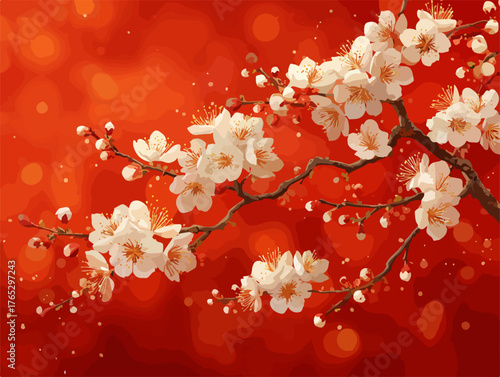 Delicate white plum blossoms bloom vibrantly against a warm, glowing red background.