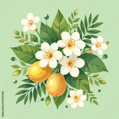 White frangipani flowers with lemons, green foliage, flat botanical illustration, isolated