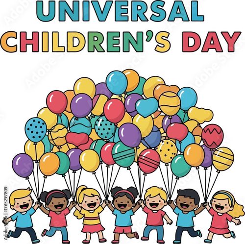 Celebrating universal childrens day with happy kids and colorful balloons