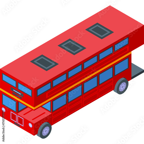 Isometric Red Double Decker Bus With Blue Windows and Gray Wheels Against A White Background