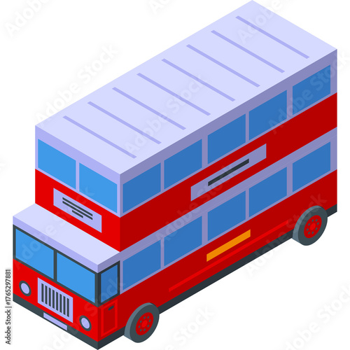Isometric Red Double Decker Bus with Blue Windows and Light Purple Roof Featuring Grille and Wheels on Transparent Background Detailed Vector Illustration