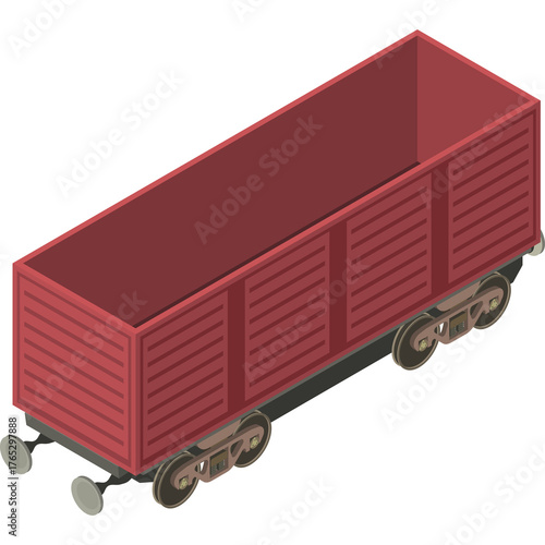Isometric Red Freight Train Freight Wagon With Wheels And Metal Chassis Isolated On Transparent Background