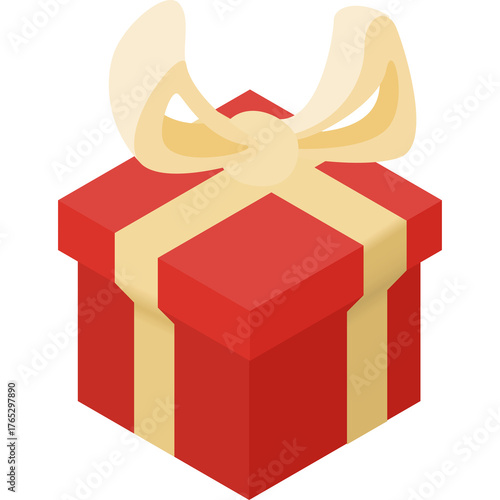 Isometric Red Gift Box Tied With A Cream Ribbon Bow On A Transparent Background