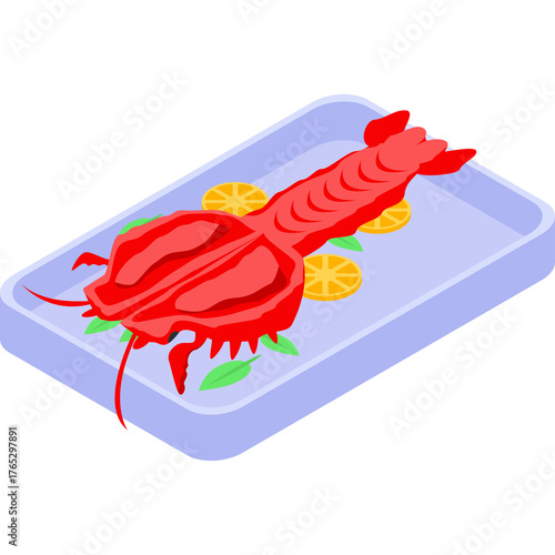 Isometric Red Lobster Meal with Lemon Slices and Green Herbs in a Blue Serving Dish Isolated on White Background