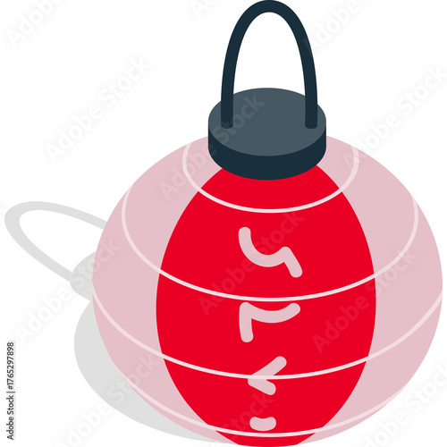 Isometric Red Paper Lantern With Shadow On Transparent Background And Subtle White Lines